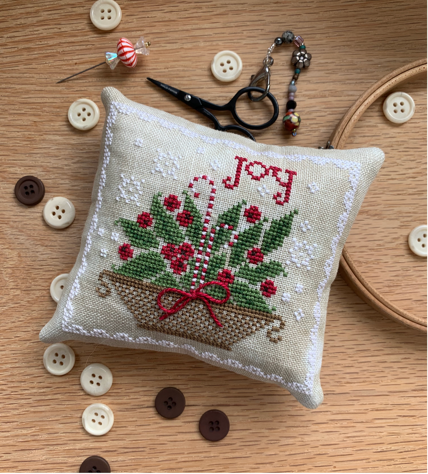 PRE-ORDER ** Holly Basket Pinkeep ~ Needlework Marketplace 2025 ~ Stitches by Ethel