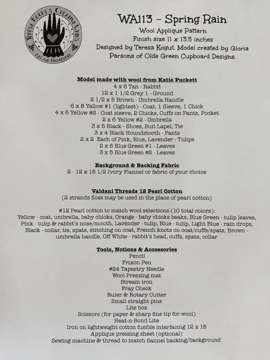 Spring Rain Wool Applique Kit ~ Teresa Kogut ~ Nashville Needlework Market 2026