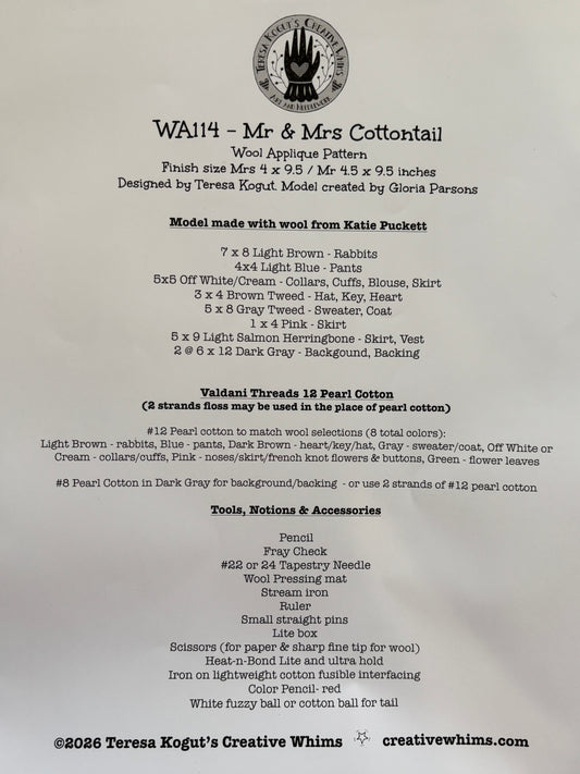 Mr & Mrs Cottontail Wool Applique Kit ~ Teresa Kogut ~ Nashville Needlework Market 2026