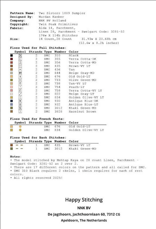 Two Sisters 1809 Sampler ~ Twin Peak Primitives