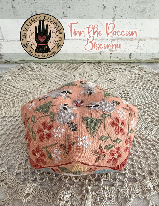 *PREORDER* Finn the Raccoon Biscornu with Buttons ~ Teresa Kogut ~ Nashville Needlework Market 2026
