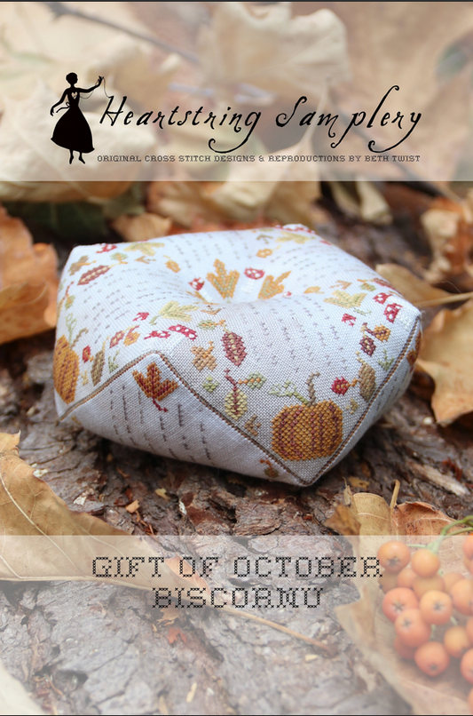 Gift of October Biscornu ~ Heartstring Samplery