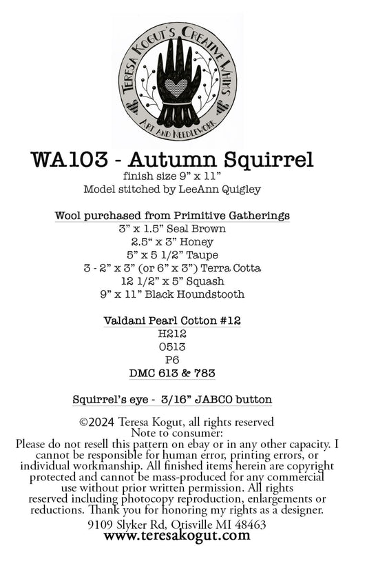 *PRE-ORDER* Wool Applique Autumn Squirrel ~ Teresa Kogut